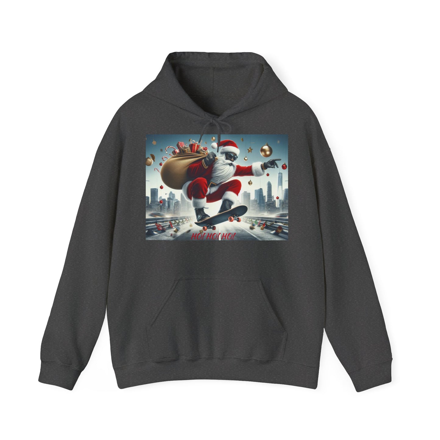 Men's Hooded Sweatshirt - Ho! Ho! Ho! | Santa on Skateboard Design 01